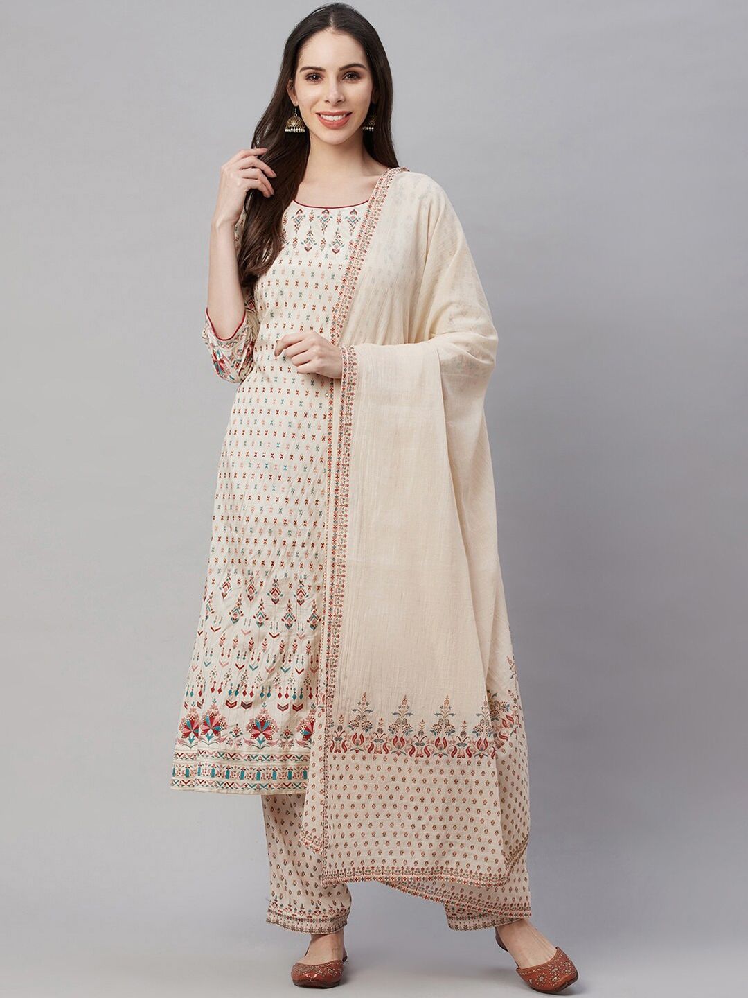 AMIRAS INDIAN ETHNIC WEAR Women Beige Printed Regular Sequinned Kurta with Trousers & With Dupatta Price in India