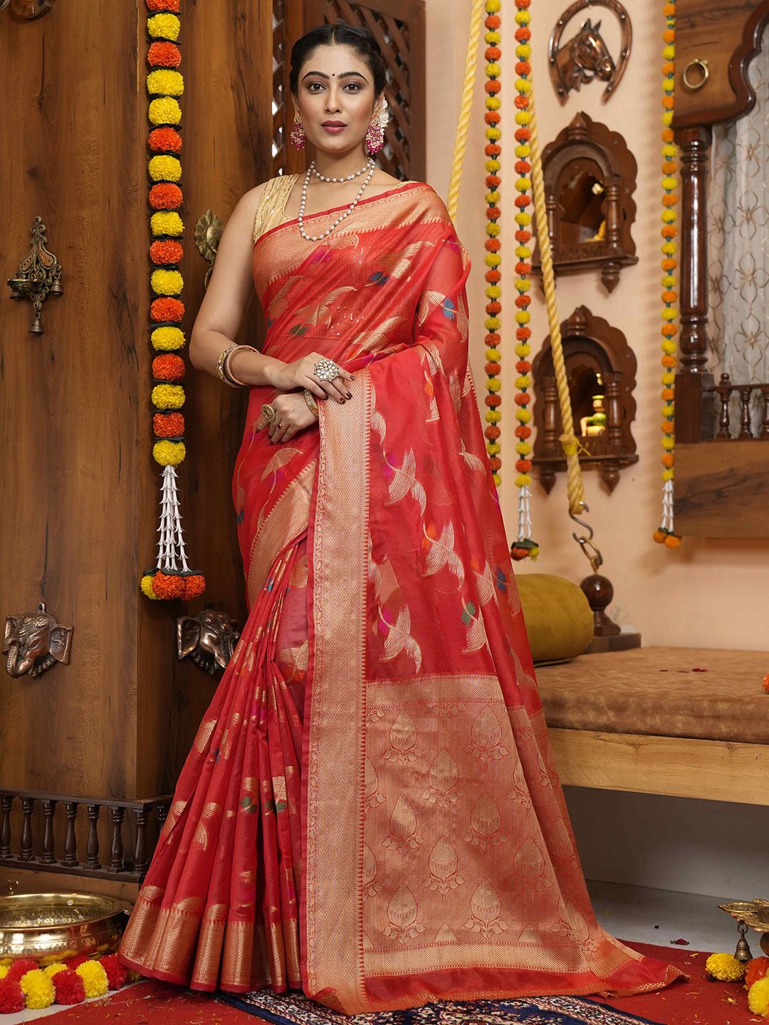 elora Floral Woven Design Zari Organza Bhagalpuri Saree Price in India