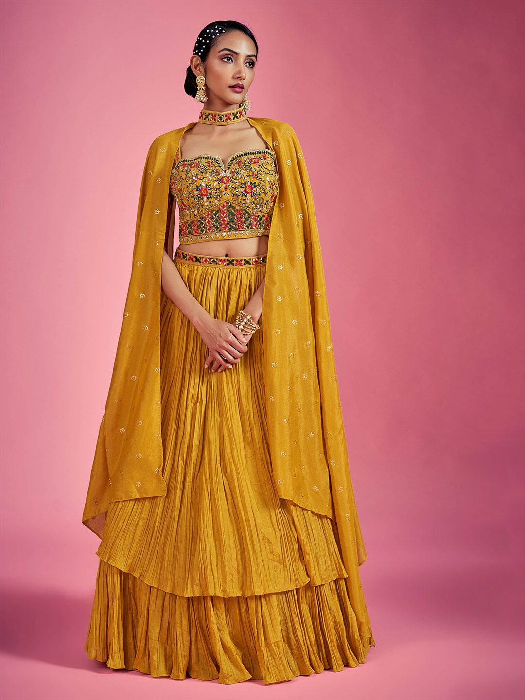 Fusionic Mustard & Red Embellished Sequinned Ready to Wear Lehenga & Blouse With Dupatta Price in India