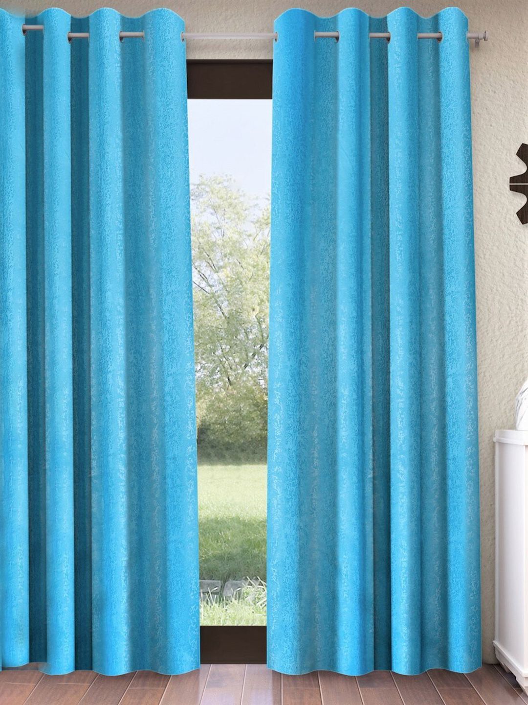 Home Sizzler Turquoise Blue Self Design Black Out Door Curtain