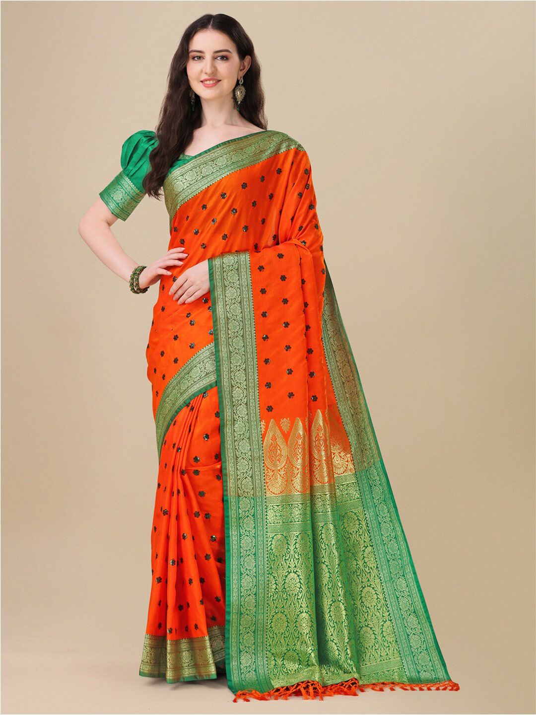 Mitera Orange & Green Embellished Zari Pure Silk Saree Price in India