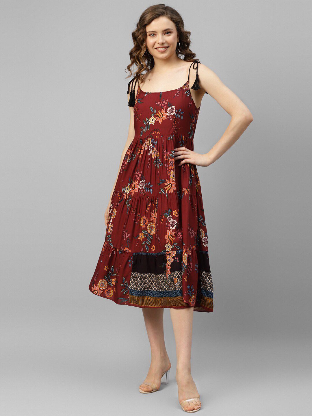 DEEBACO Maroon Ethnic Motifs Print Fit & Flare Midi Dress Price in India