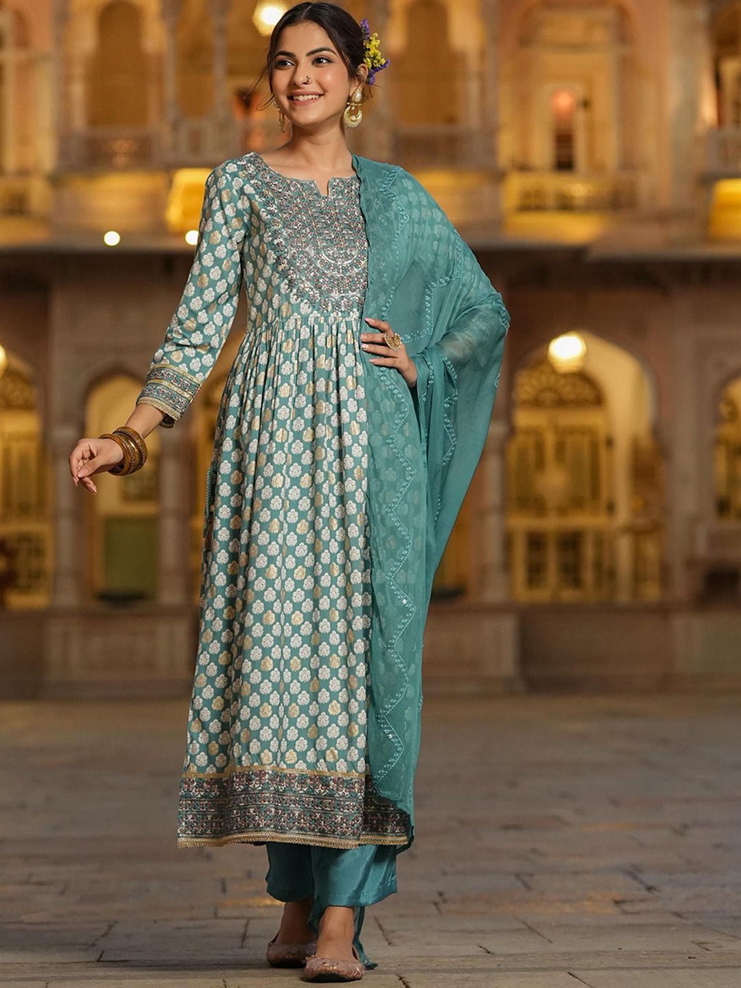 SCAKHI Women Teal Ethnic Motifs Printed Pleated Gotta Patti Kurta with Trousers & With Dupatta Price in India