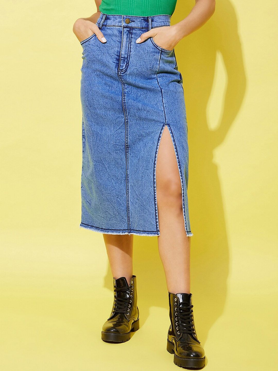 StyleStone Denim Midi Straight Skirt Price in India