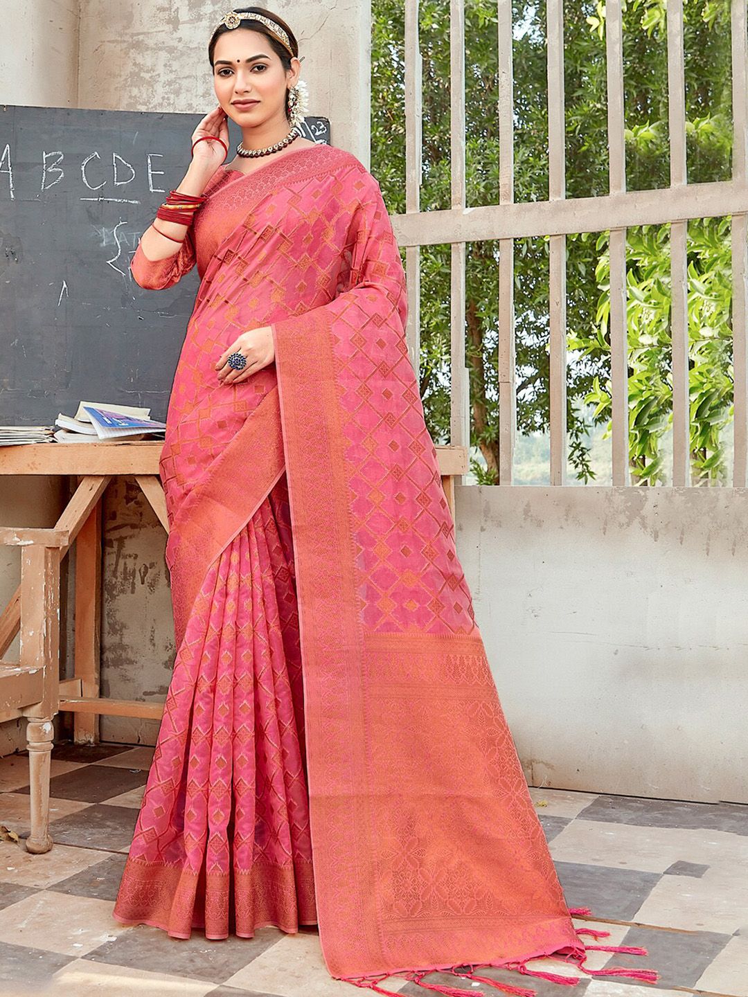 Exclusiva Pink Woven Design Zari Organza Saree Price in India