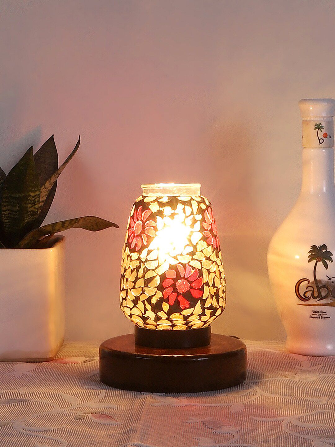 Devansh Grey & Red Mosaic Design Glass Shade Table Lamp