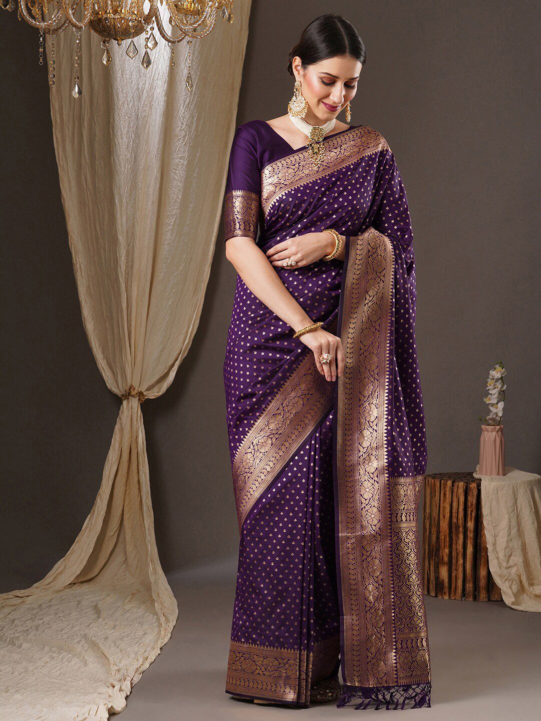 Anouk Purple & Gold-Toned Floral Woven Design Zari Banarasi Saree Price in India