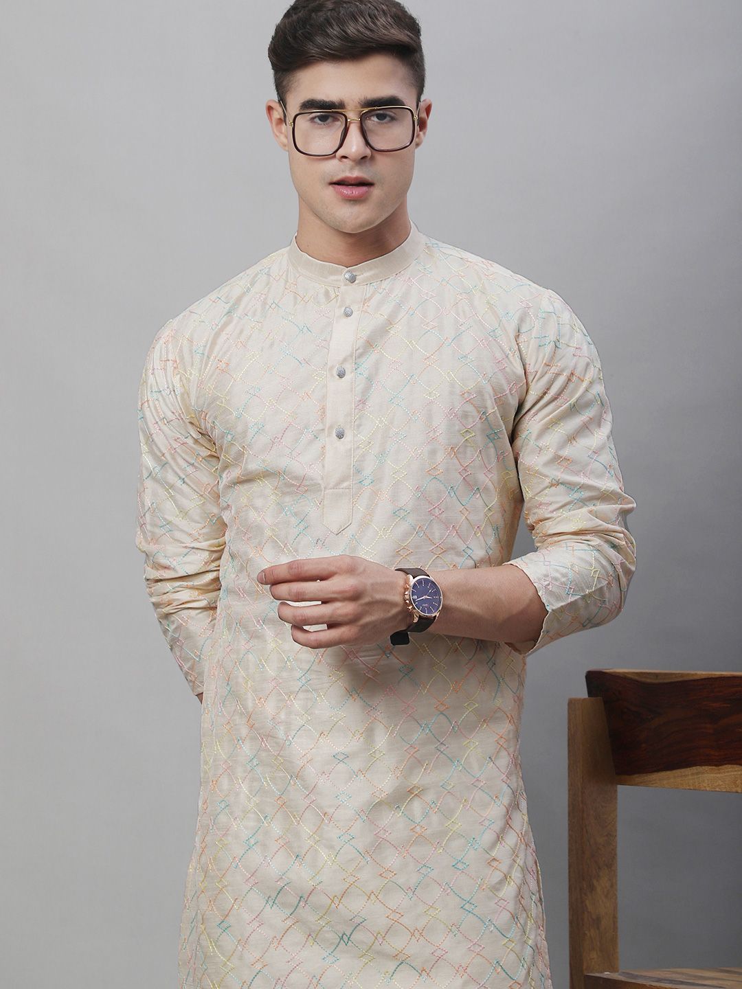 SOJANYA Band Collar Embroidered Cotton Silk Kurta
