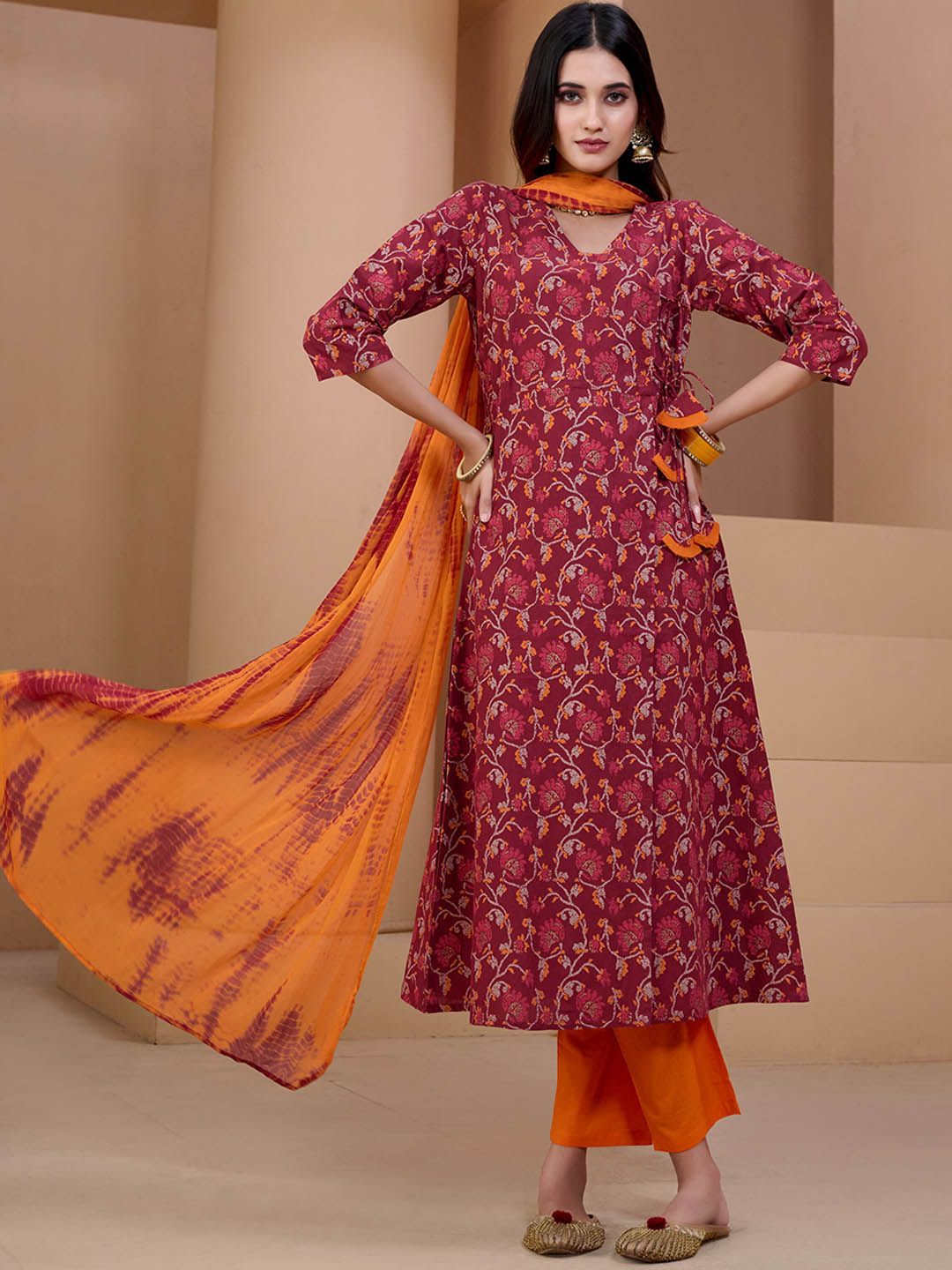 Sangria Maroon & Orange Printed V Neck Pure Cotton Angrakha Kurta With Trousers & Dupatta Price in India