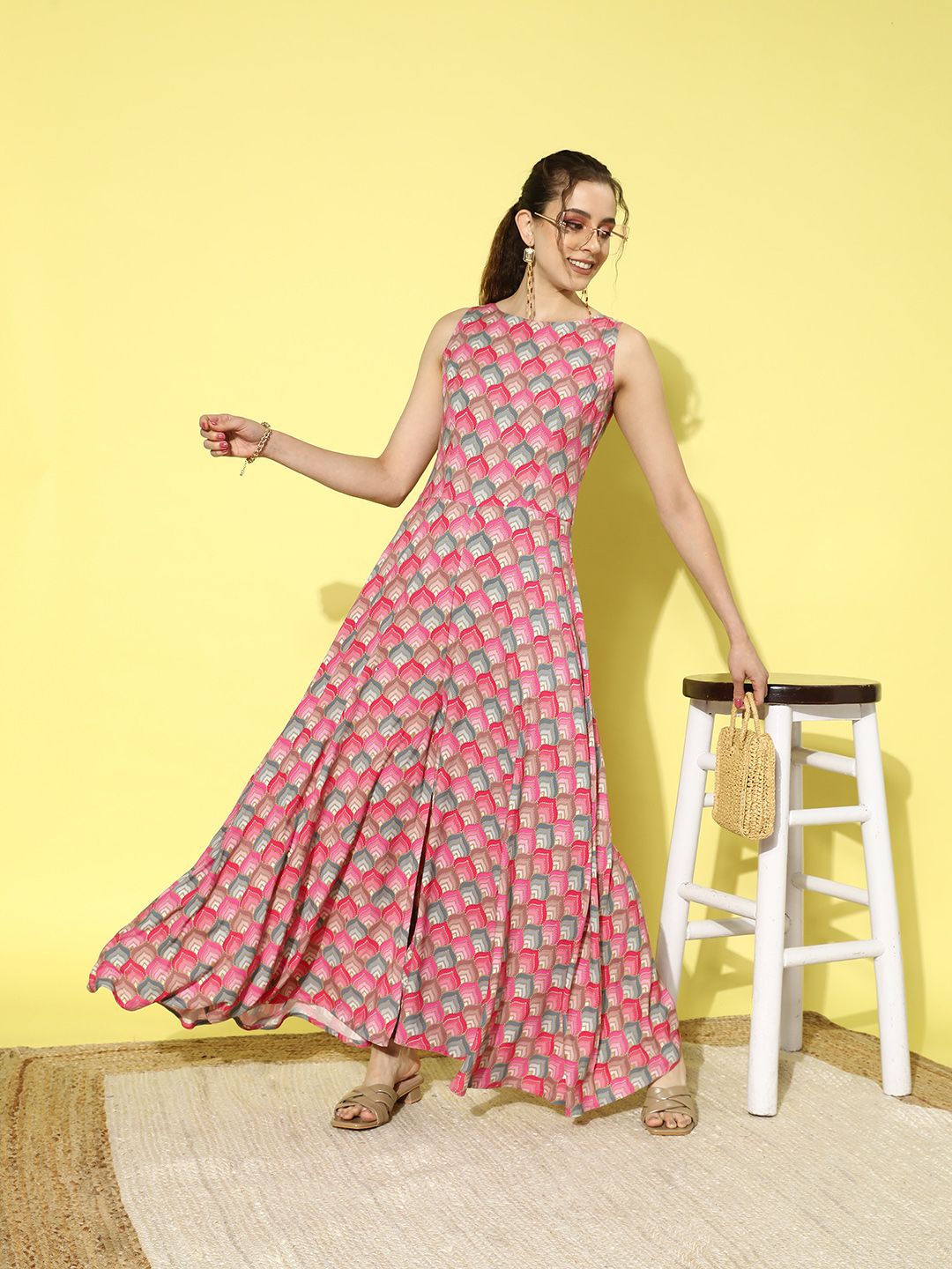 Libas Pink & Teal Printed Basic Jumpsuit Price in India