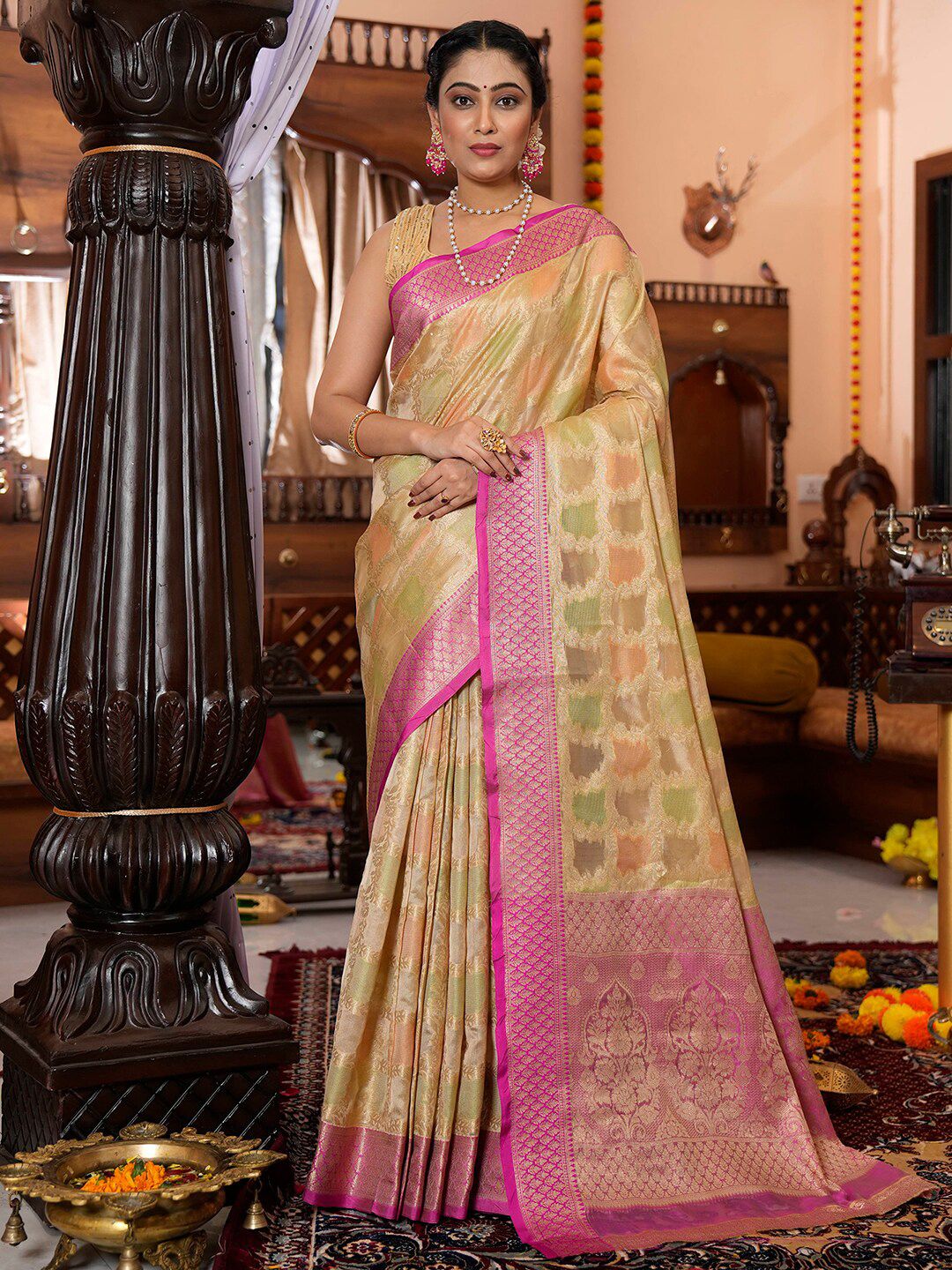 Satrani Beige & Pink Woven Design Zari Banarasi Saree Price in India