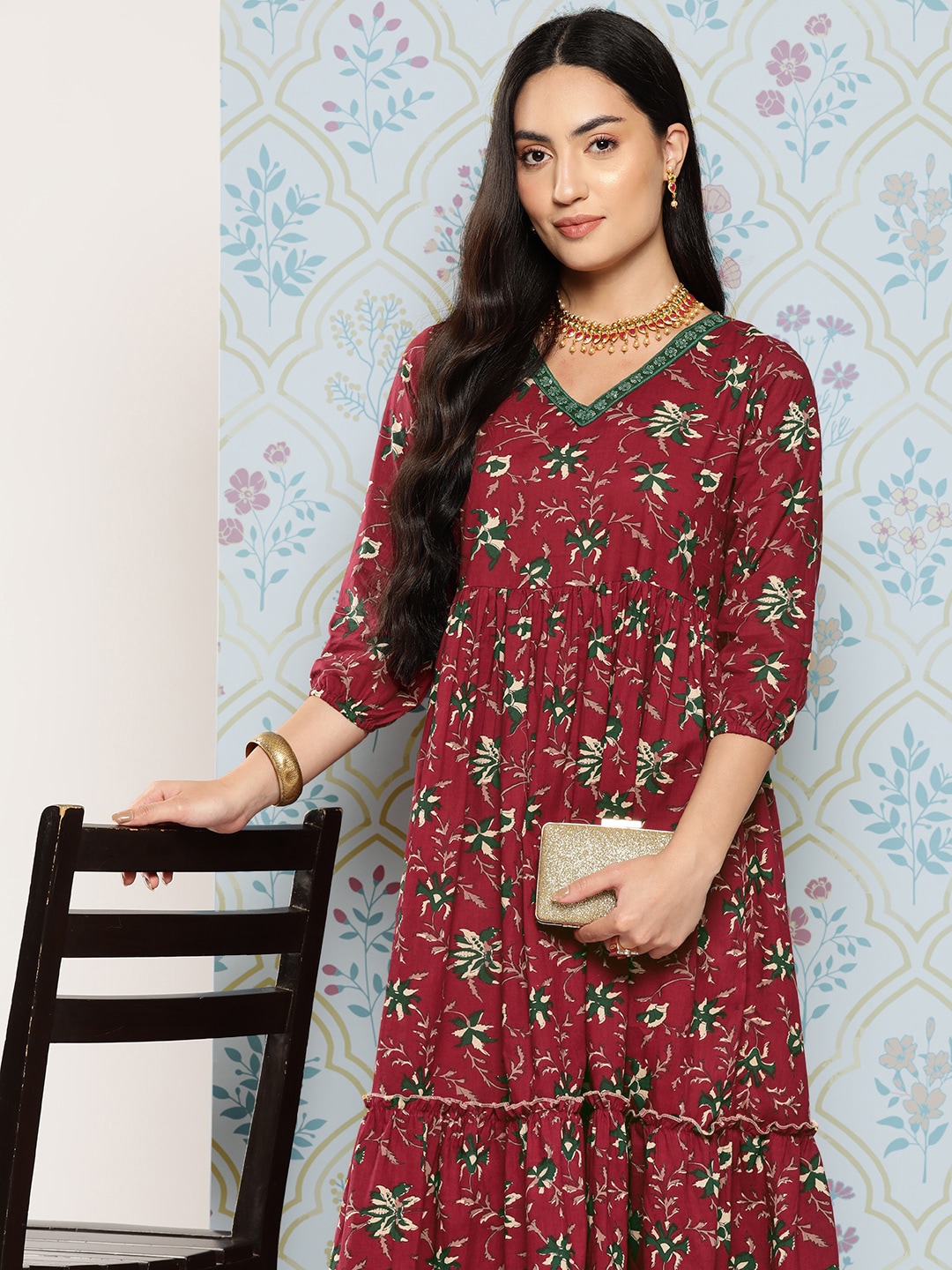 Yufta Floral Embroidered Fit & Flare Cotton Maxi Dress Price in India