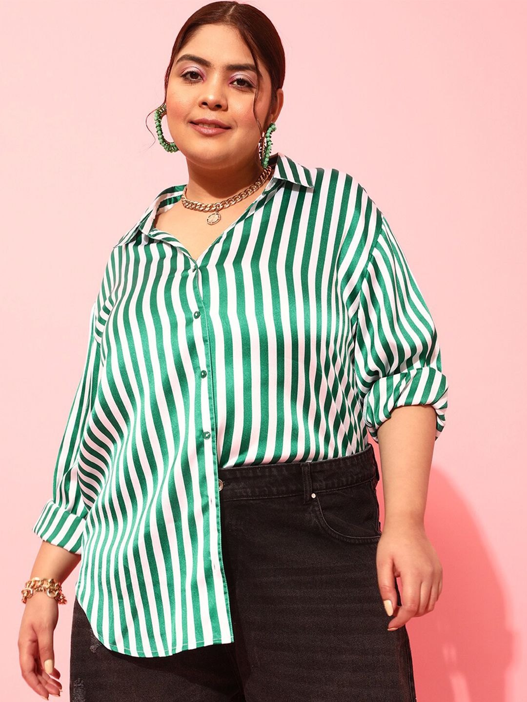 CURVY STREET Plus Size Green & White Vertical Striped Spread Collar Comfort Satin Shirt