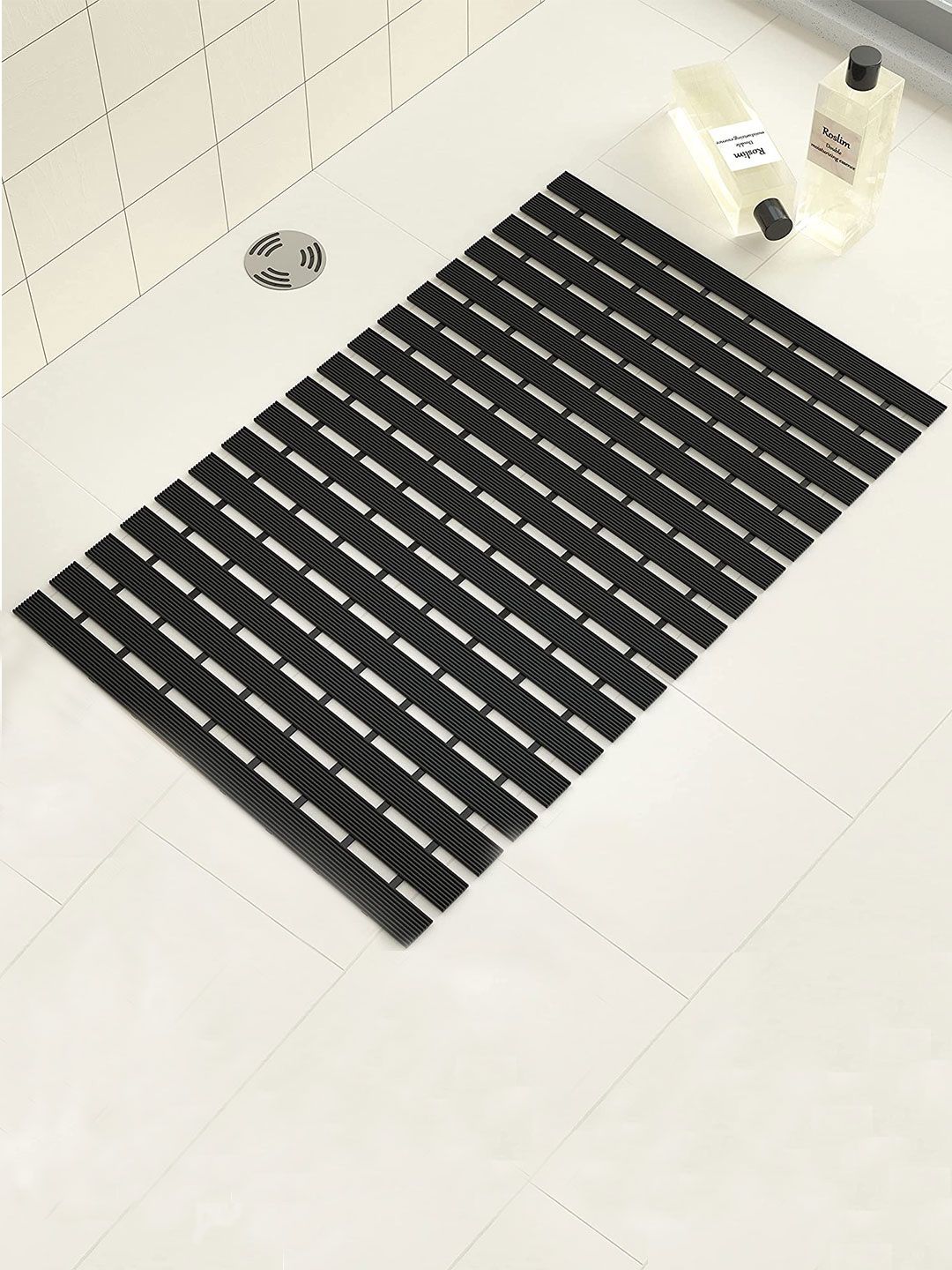 LUXEHOME INTERNATIONAL Black Textured Design Rubber Backing Anti-Slip Bath Rug