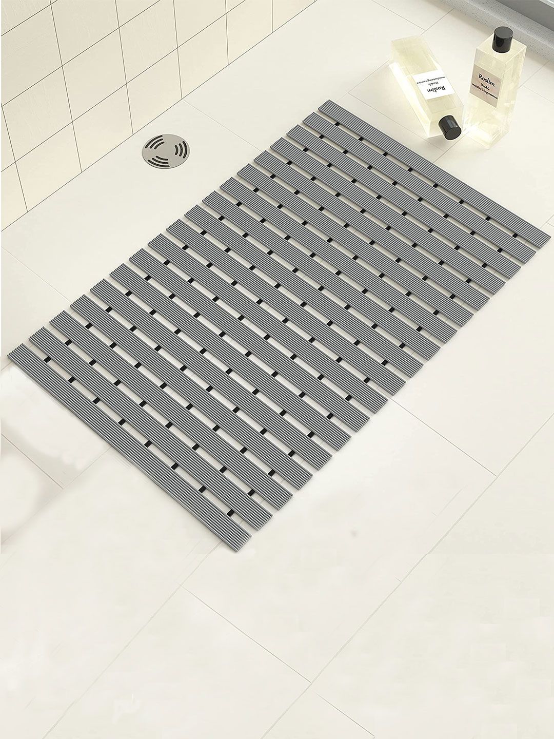 LUXEHOME INTERNATIONAL Grey Textured Design Rubber Backing Anti-Slip Bath Rug