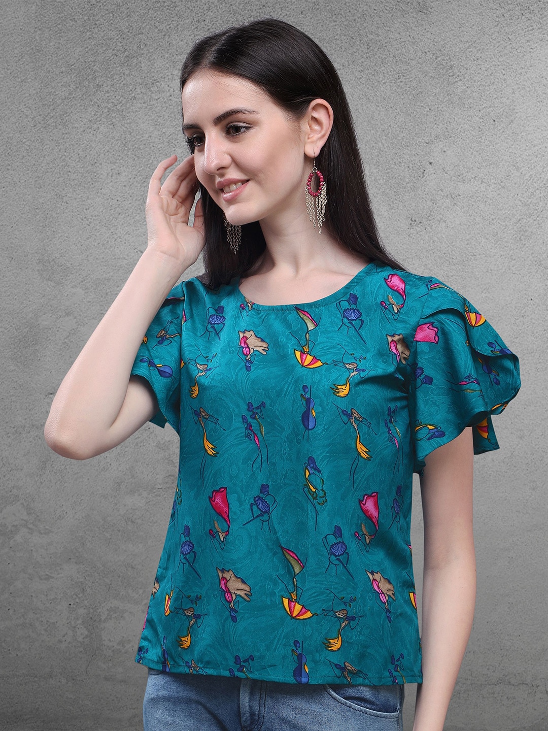 Oomph Blue Floral Print Flutter Sleeve Ethnic Crepe Top Price in India