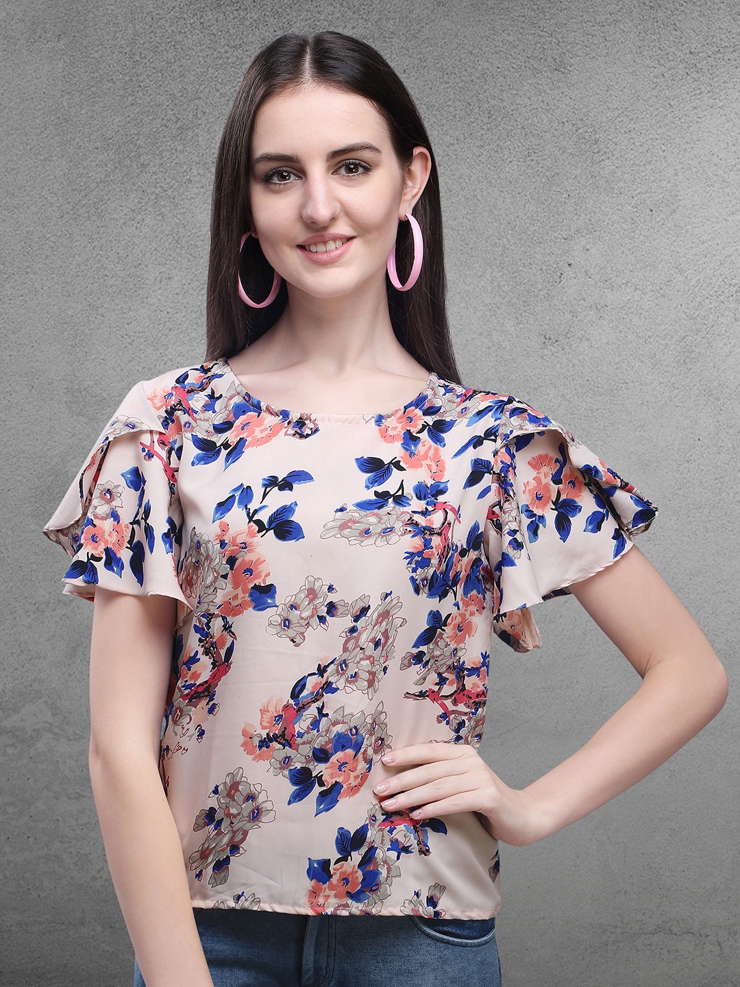 Oomph Pink Floral Print Flutter Sleeve Crepe Top Price in India