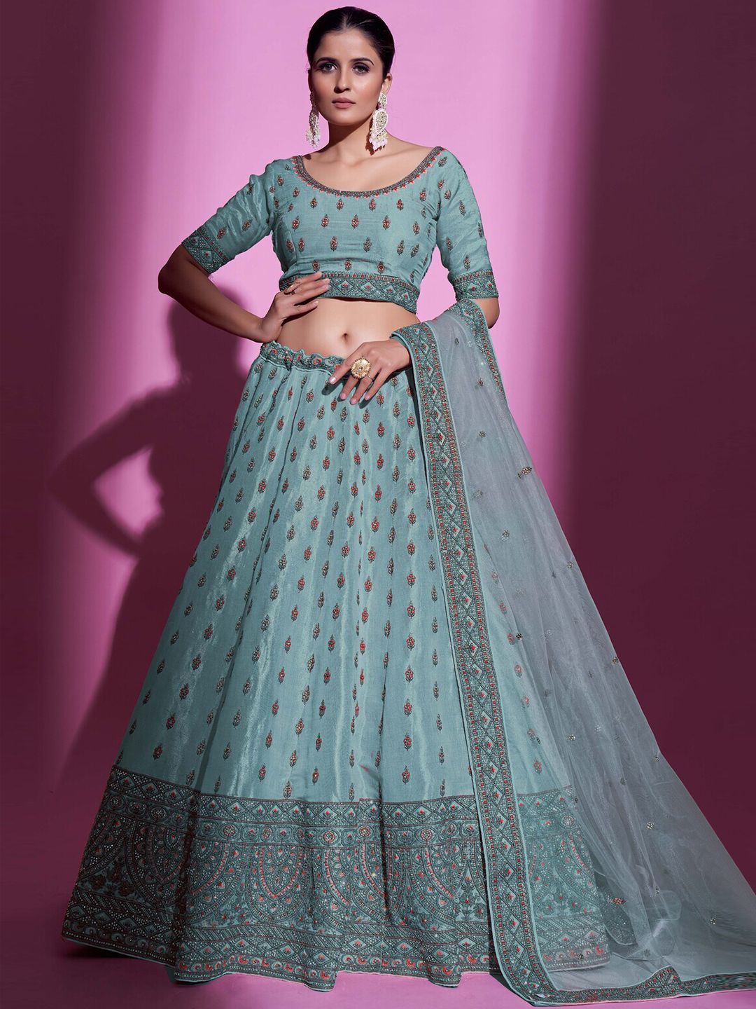 Fusionic Embellished Thread Work Semi-Stitched Lehenga & Unstitched Blouse With Dupatta Price in India