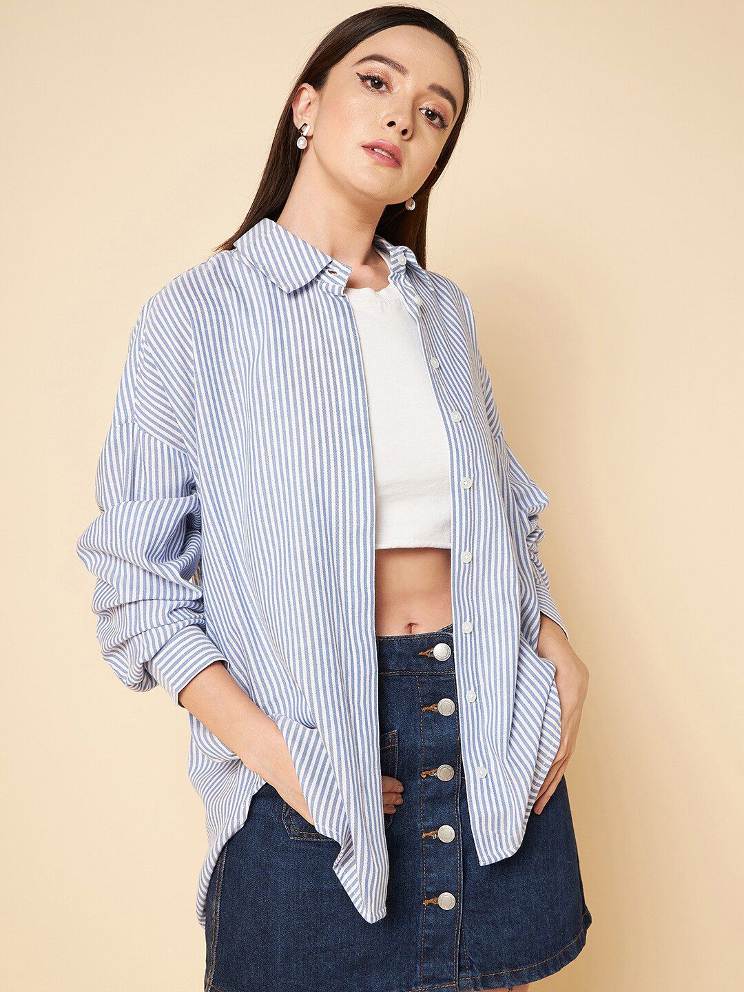 High Star oversized blue striped cotton casual shirt Price in India