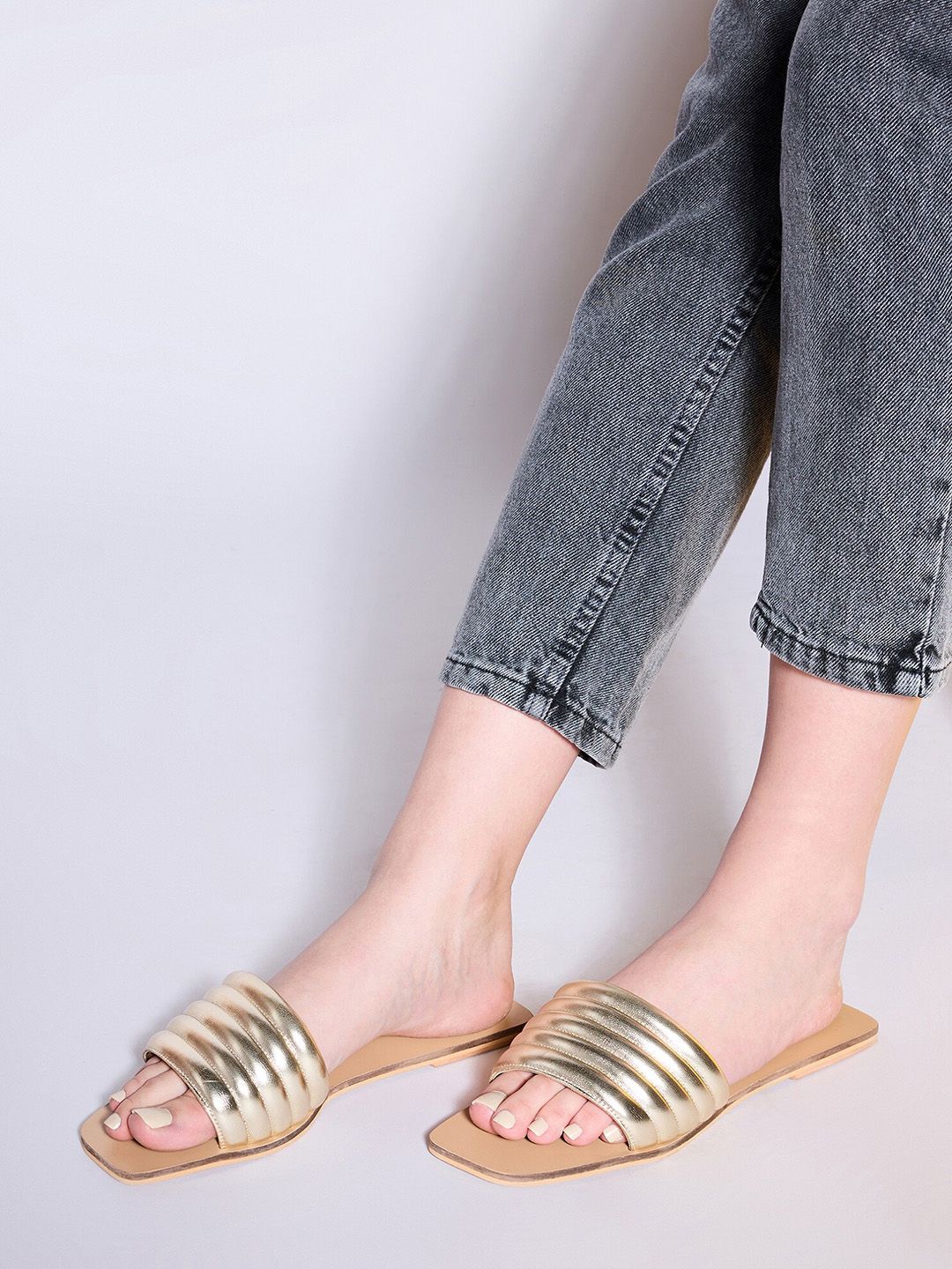 20Dresses Gold-Toned Striped Open Toe Flats Price in India