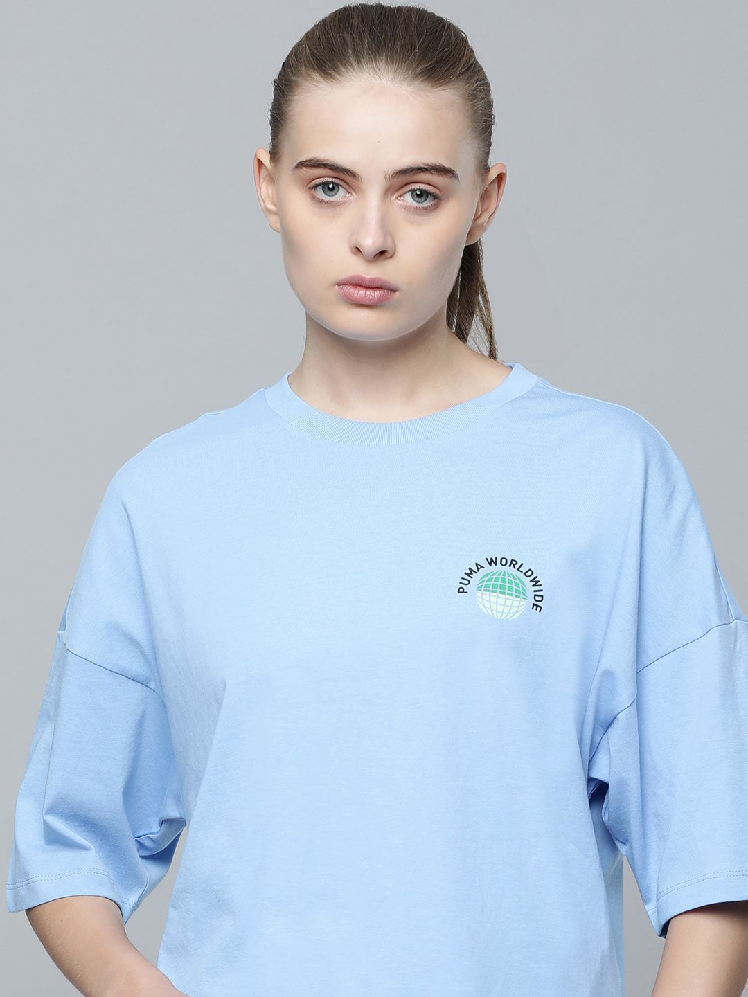 Puma Women Drop-Shoulder Sleeves Pure Cotton Oversized Worldwide Graphic WoUnisex T-shirt