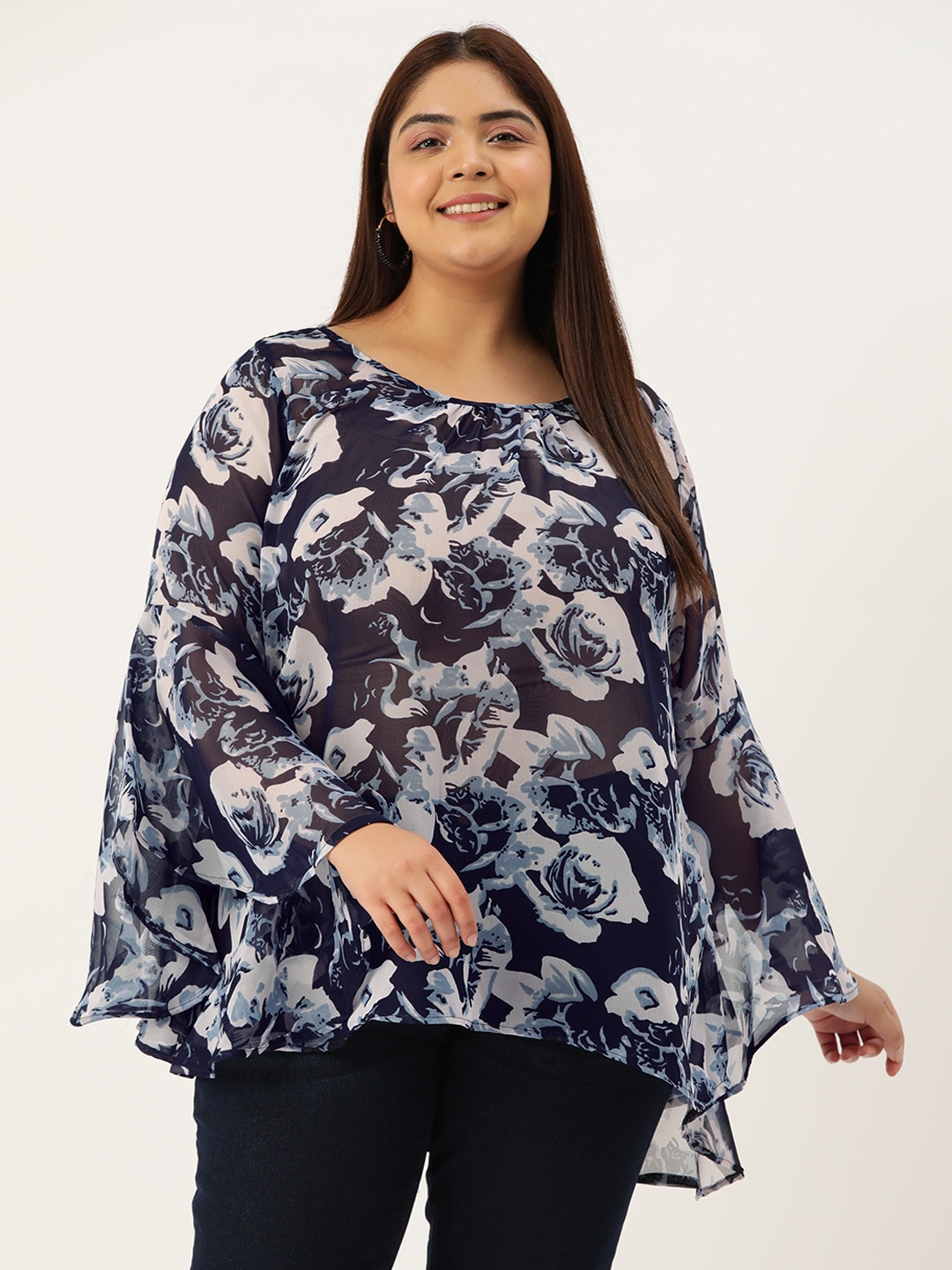 theRebelinme Plus Size Floral Print Bell Sleeve Georgette Longline Top Price in India
