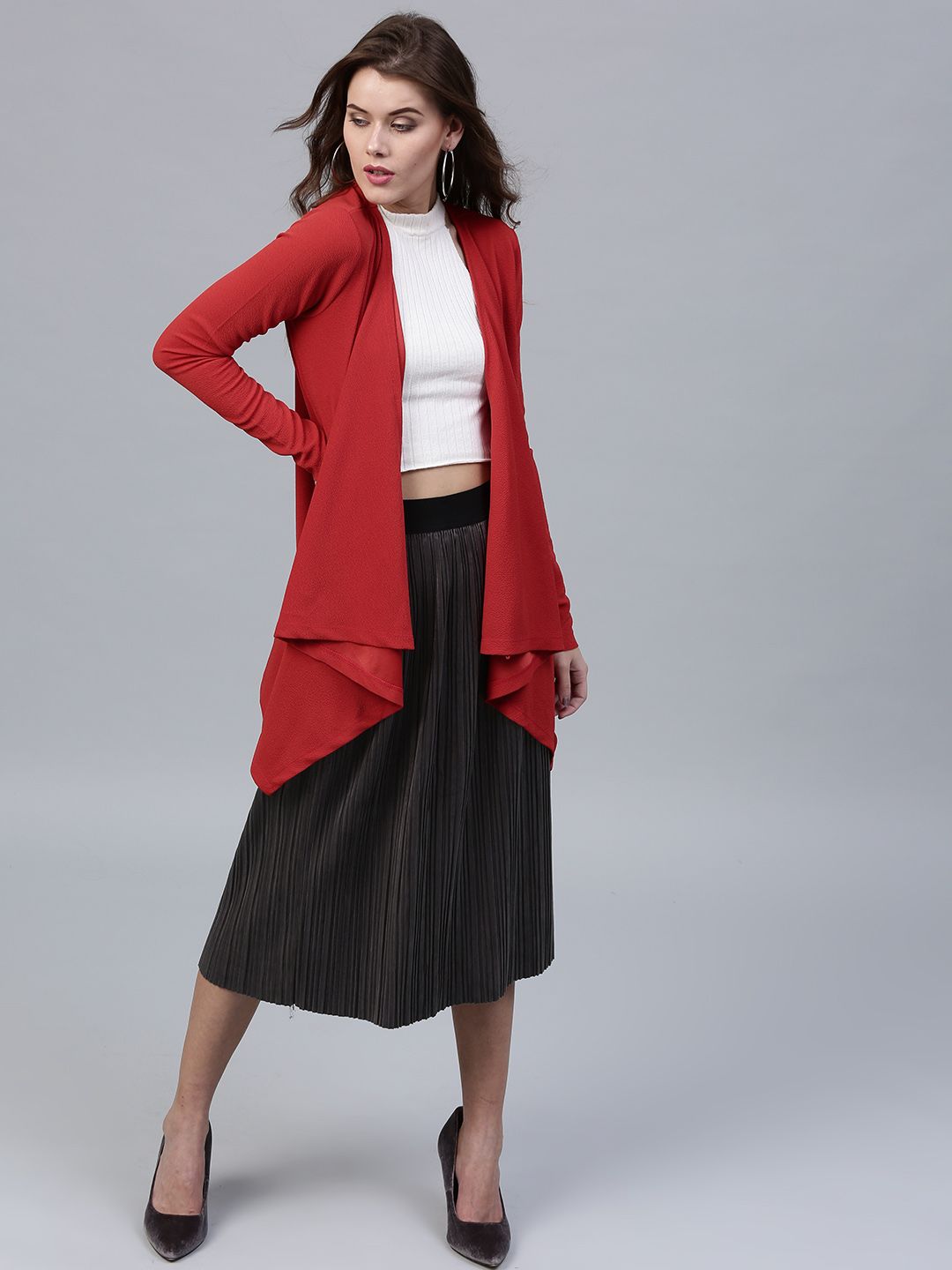 SASSAFRAS Red Solid Waterfall Shrug Price in India