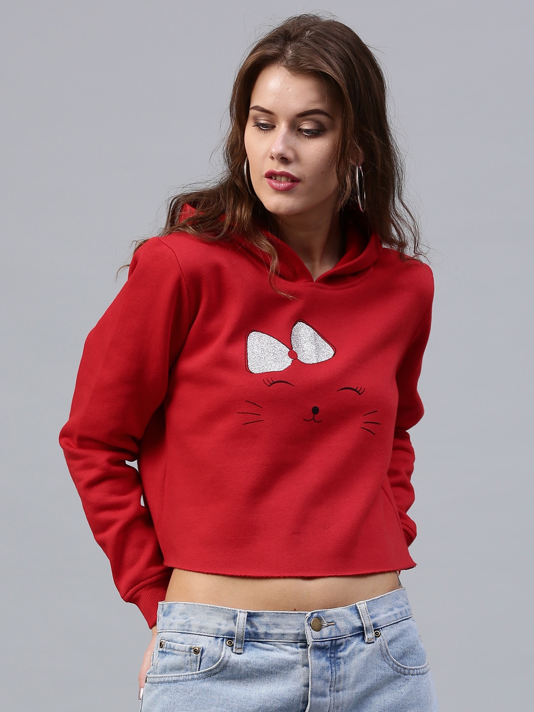 SASSAFRAS Women Red Printed Detail Hooded Crop Sweatshirt Price in India