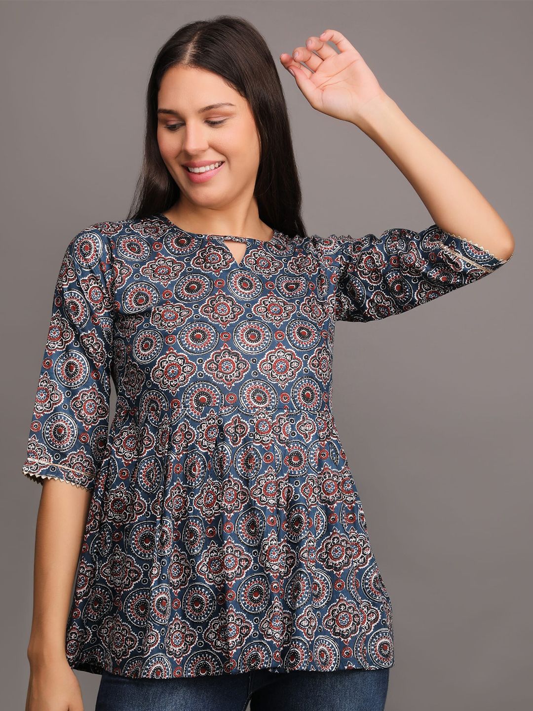 Velmita Ethnic Printed Keyhole Neck Cotton Top Price in India