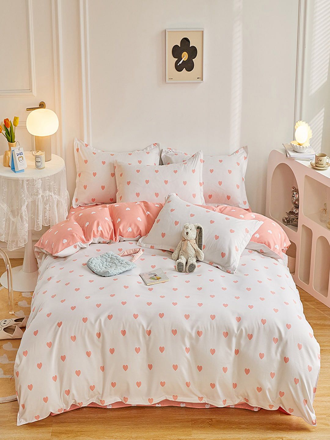 JC HOME White & Peach-Coloured Printed Double Queen Bedding Set