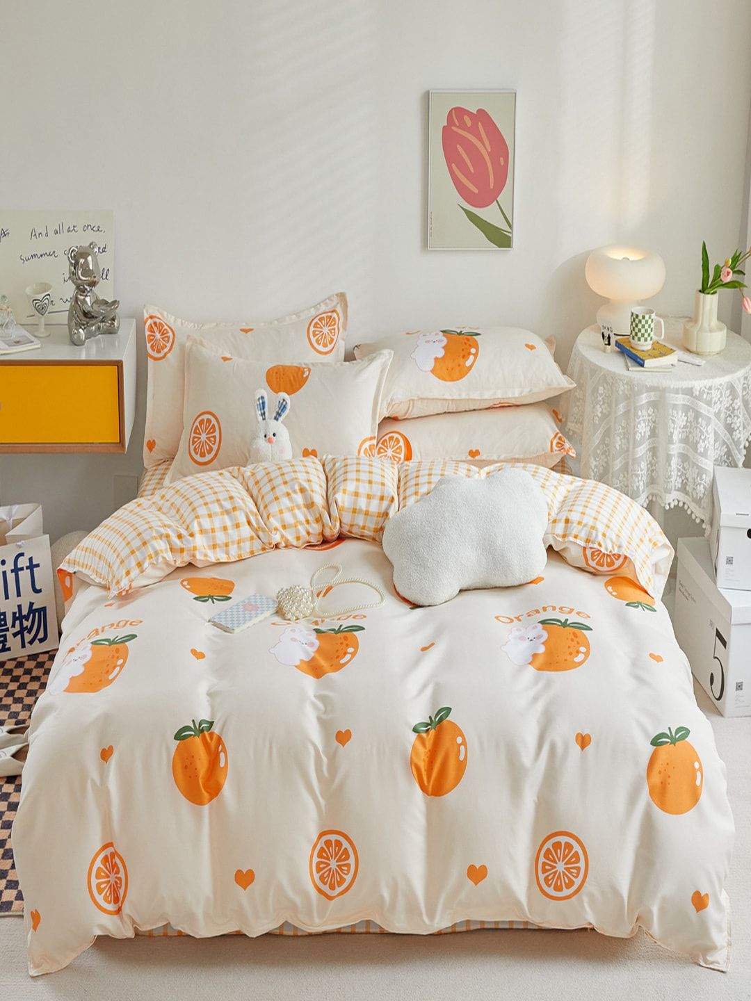 JC HOME White & Orange-Color Printed Double Queen Bedding Set