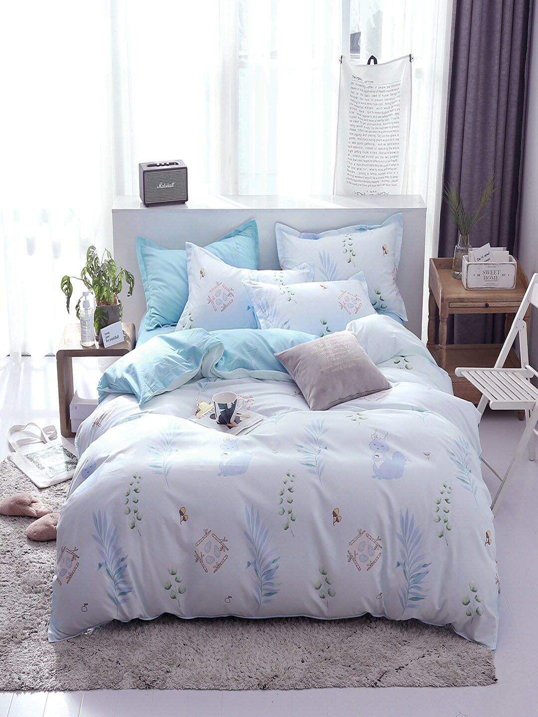 JC HOME Blue & White Printed Double Extra Large Bedding Set