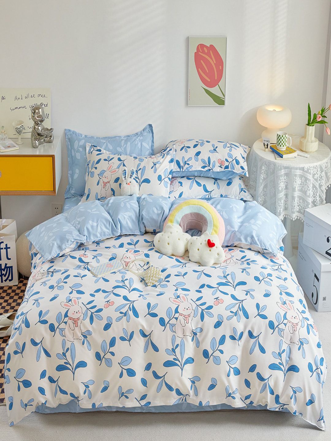 JC HOME Blue & White Printed Double King Bedding Set
