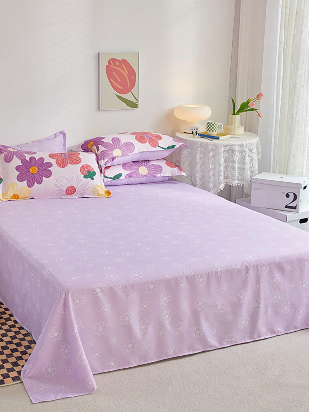 JC HOME Purple & Yellow Floral Printed Double King Bedding Set