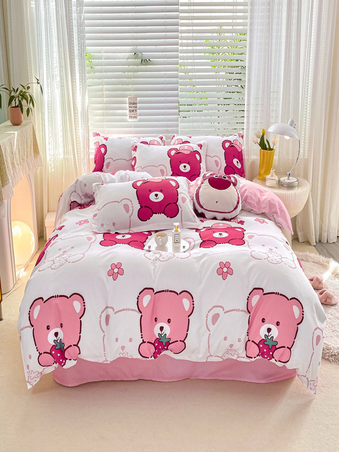 JC HOME Pink & White Printed Double Queen Bedding Set