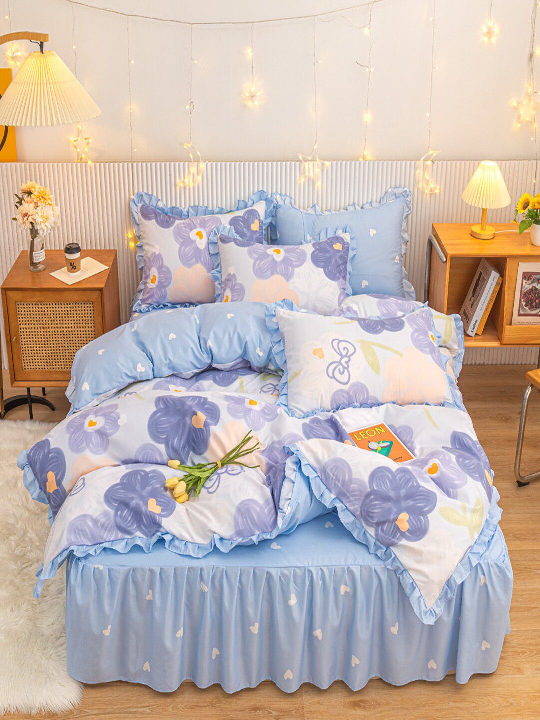 JC HOME Blue & White Printed Double King Bedding Set