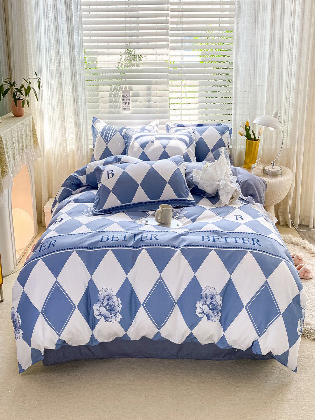 JC HOME Grey & Blue Printed Double Queen Bedding Set