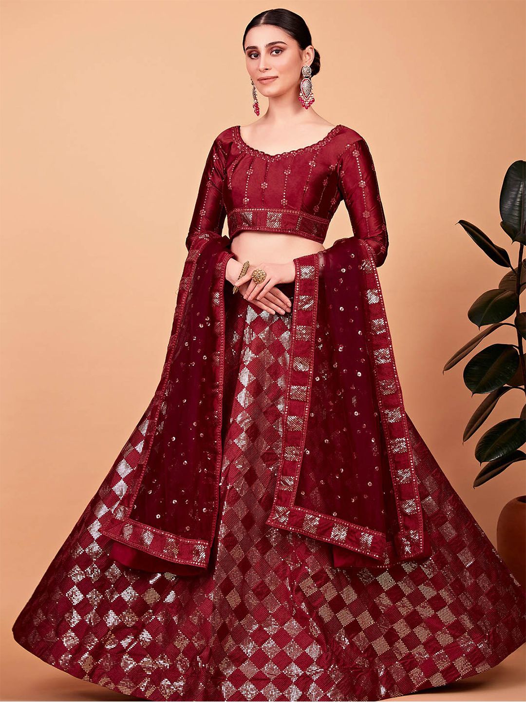ODETTE Red Embroidered Semi-Stitched Lehenga & Blouse With Dupatta Price in India