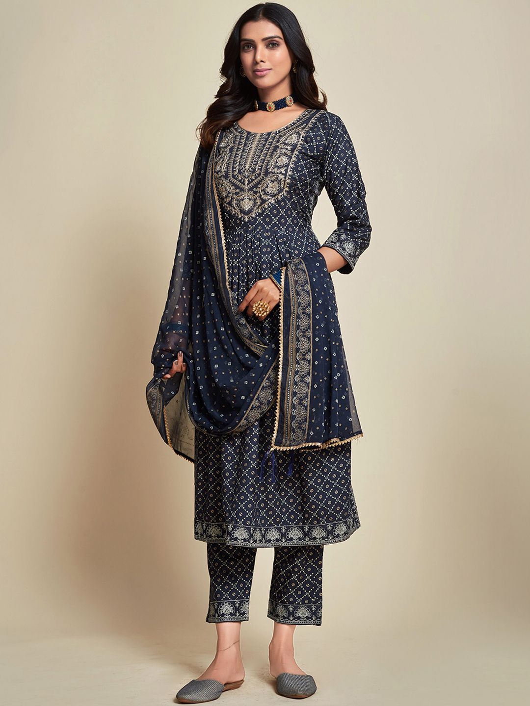 Ishin Women Navy Blue Printed Pleated Kurta with Trousers & With Dupatta Price in India