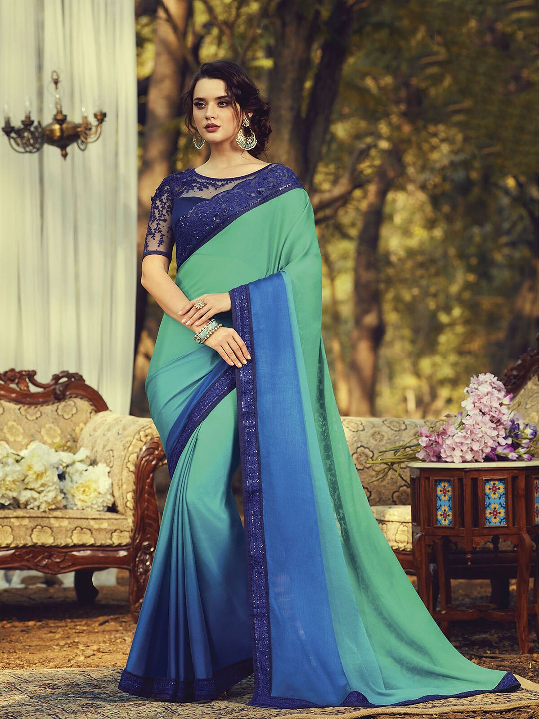 ODETTE Sea Green & Blue Embellished Embroidered Silk Blend Saree Price in India