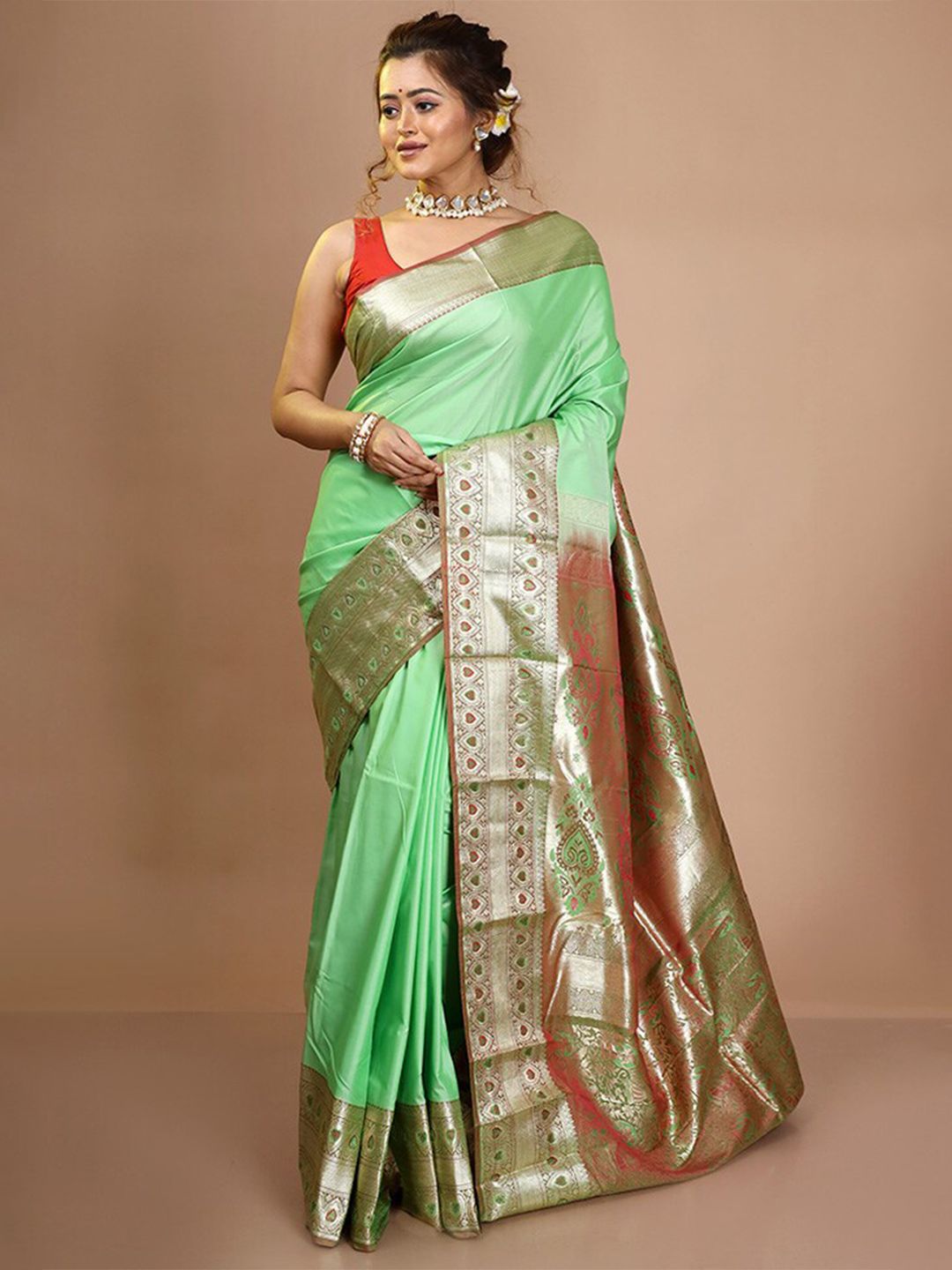 AllSilks Green & Red Zari Pure Silk Kanjeevaram Saree Price in India