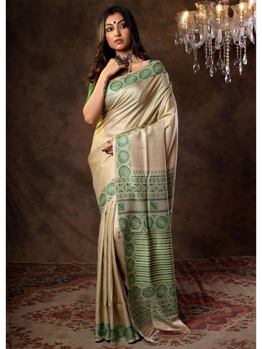 AllSilks Cream-Coloured & Green Floral Pure Silk Murshidabad silk Saree Price in India