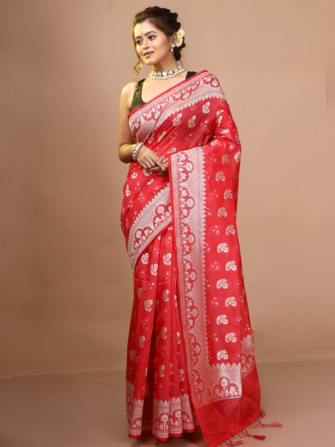 AllSilks Red & Silver-Toned Woven Design Zari Pure Silk Saree Price in India