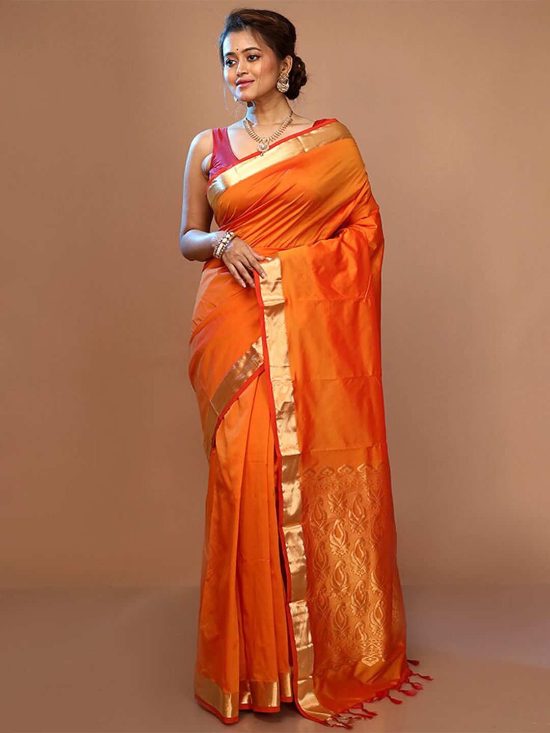AllSilks Rust & Gold-Toned Zari Pure Silk Kanjeevaram Saree Price in India
