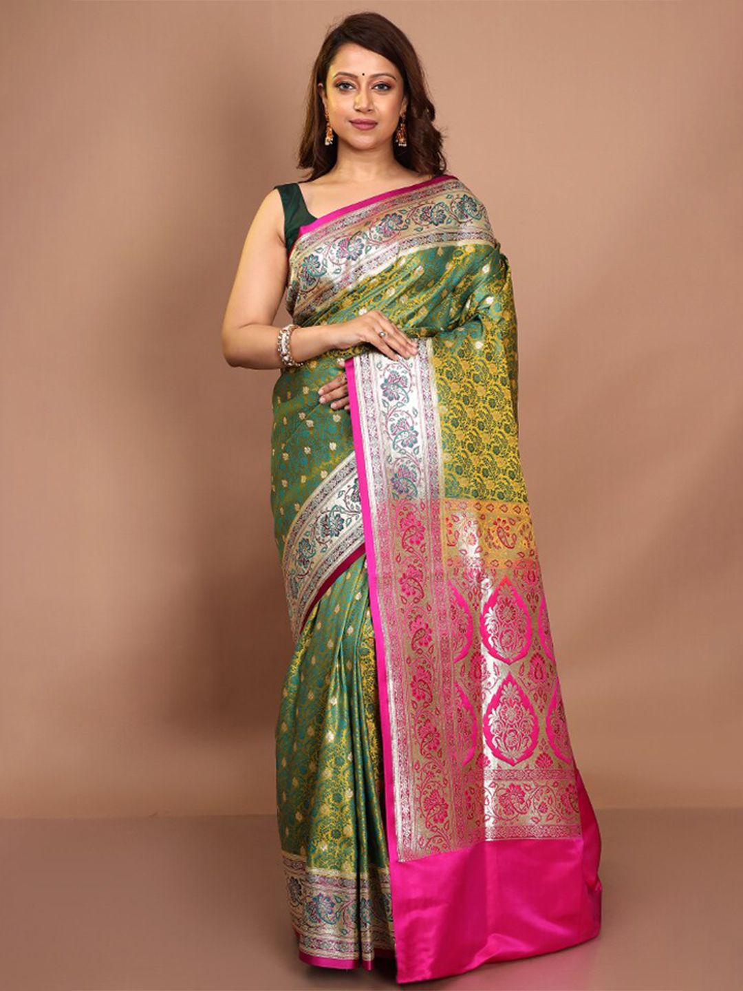 AllSilks Green & Pink Woven Design Zari Pure Silk Banarasi Saree Price in India