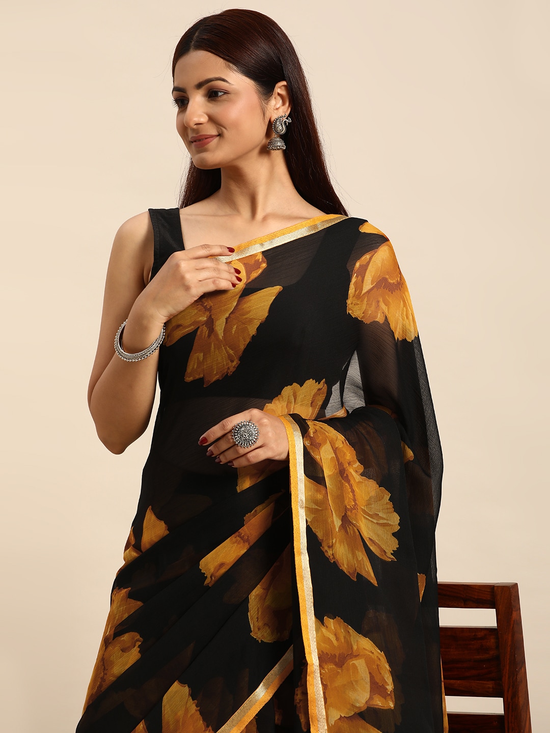 HERE&NOW Floral Pure Georgette Bandhani Saree Price in India