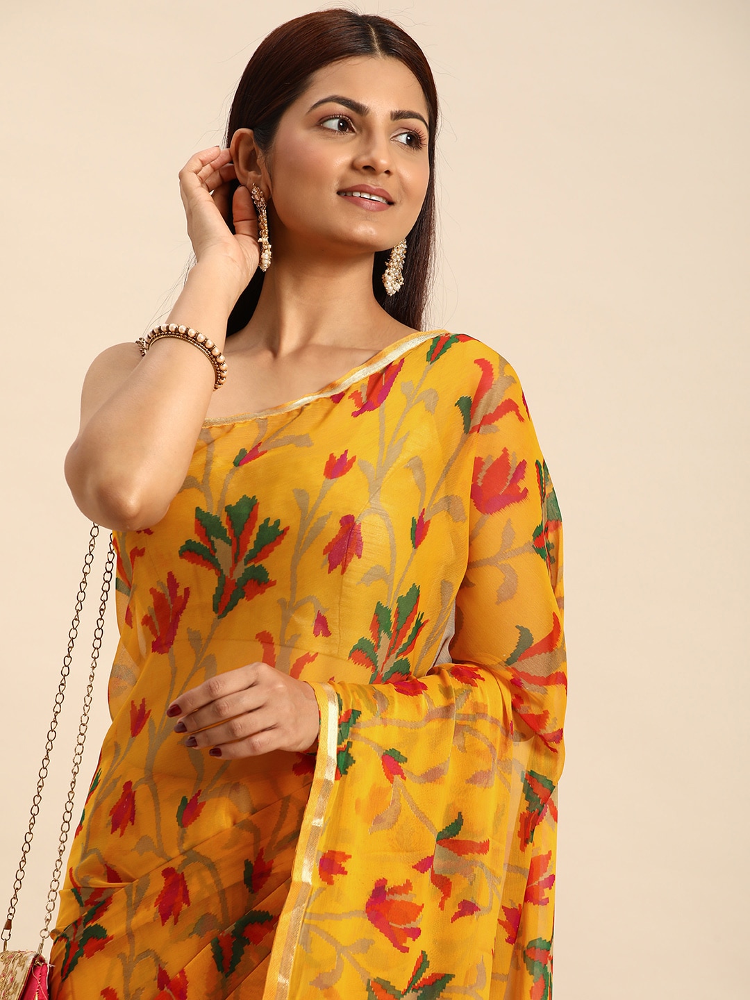 HERE&NOW Floral Pure Georgette Bandhani Saree Price in India