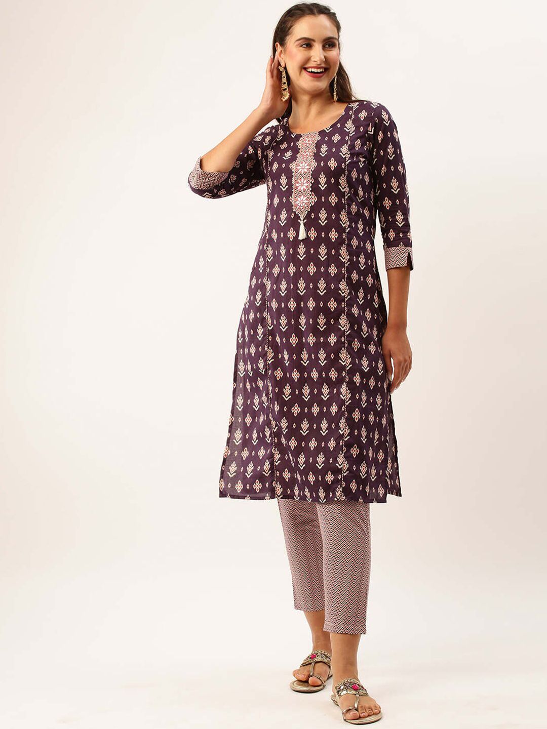 ZOLA Purple Ikat Printed Pure Cotton Kurta With Trousers Price in India