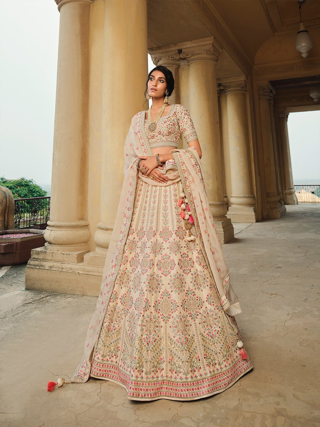 Inddus Beige Embroidered Semi-Stitched Lehenga & Unstitched Blouse With Dupatta Price in India