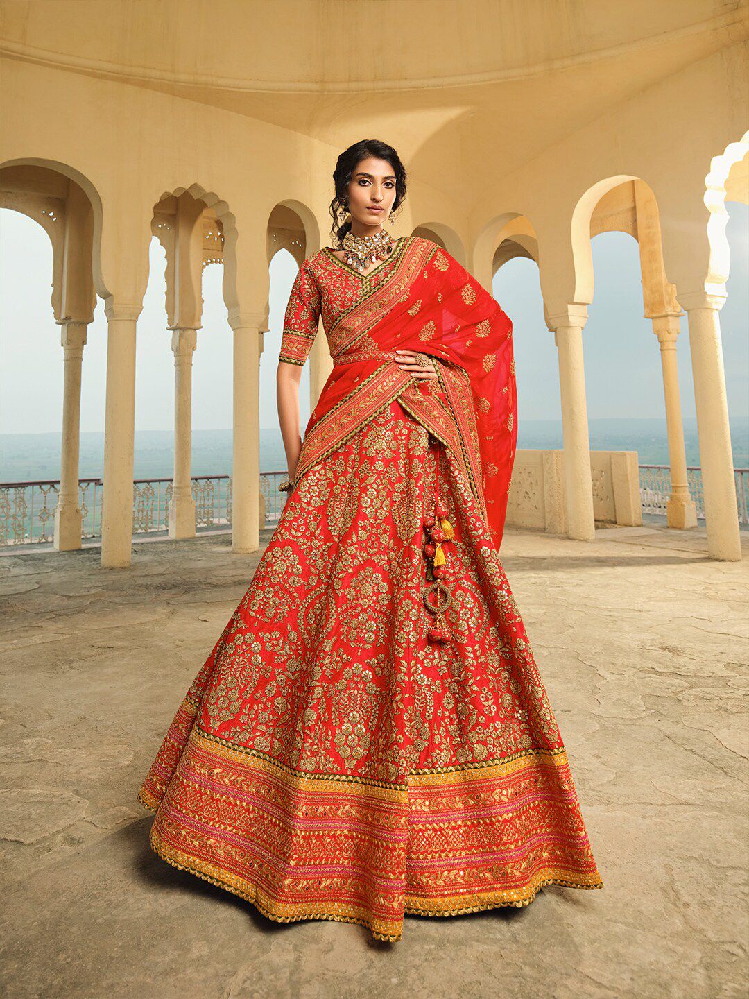 Inddus Red Embroidered Thread Work Semi-Stitched Lehenga & Unstitched Blouse With Dupatta Price in India